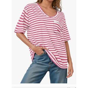 UEU V Neck T Shirts Size XL for Women Oversized Striped Summer Short Sleeve